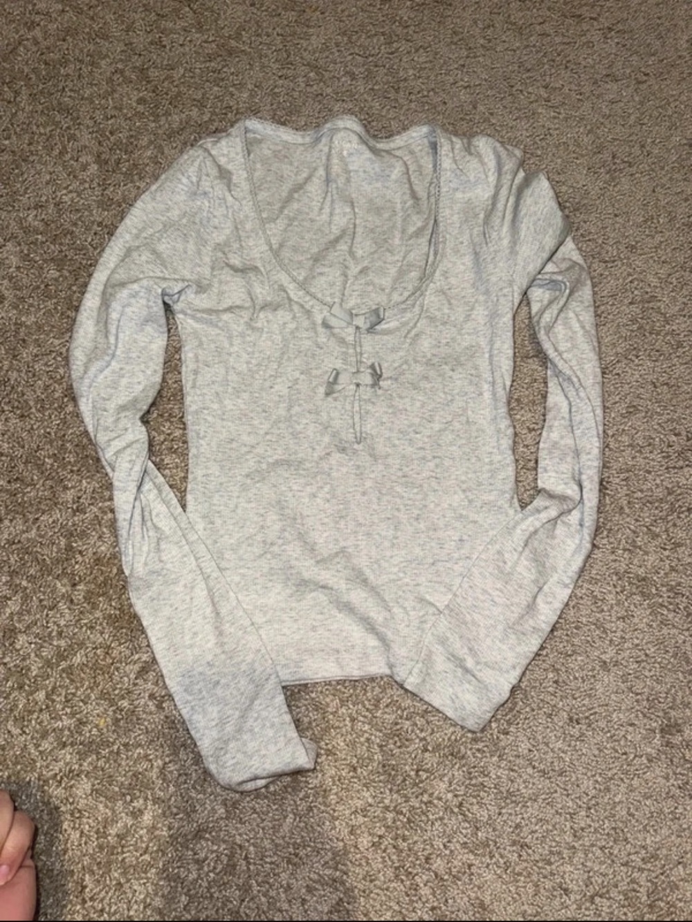 aerie Light Gray Long Sleeve Scoop Neck Top with Front Tie